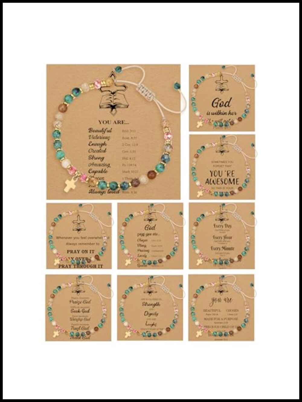 9PCS Cross Bracelet Set for Women Natural Stone Beads Adjustable Nylon Rope